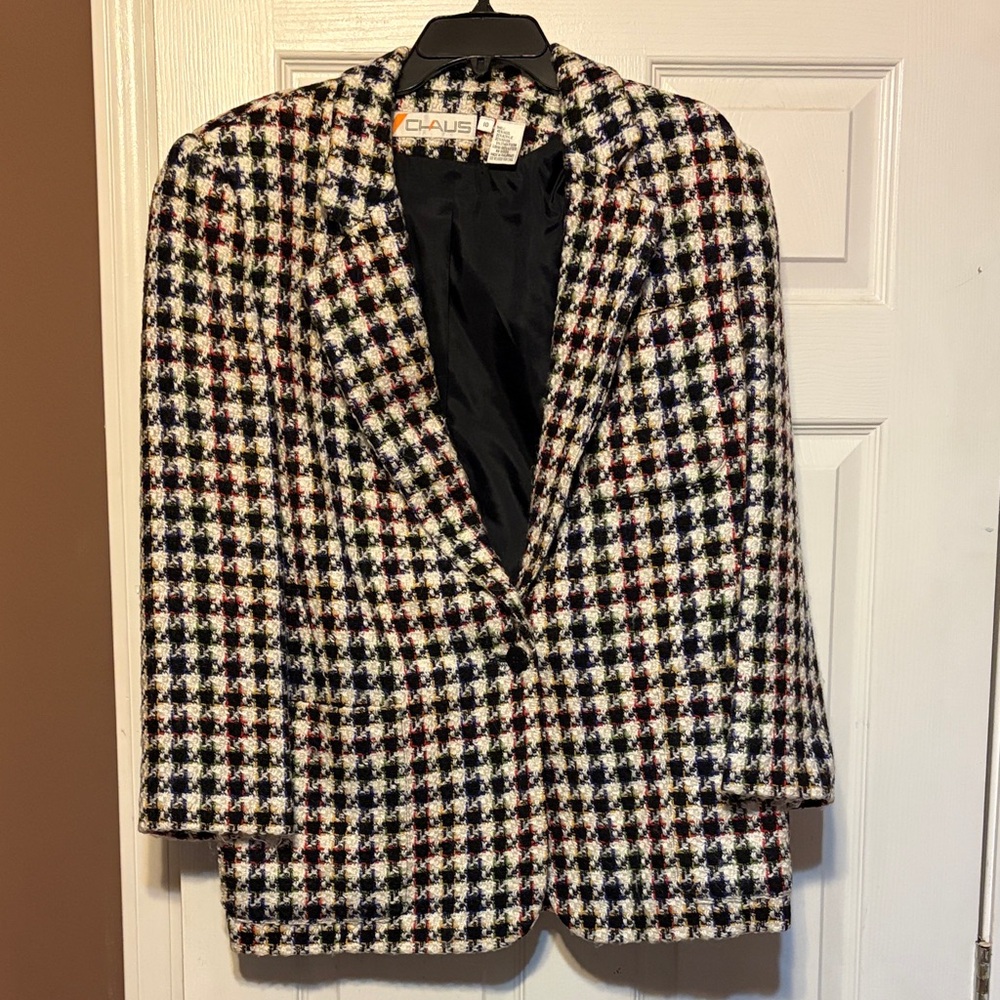 Chaus Black & White Houndstooth Blazer with Red Accent